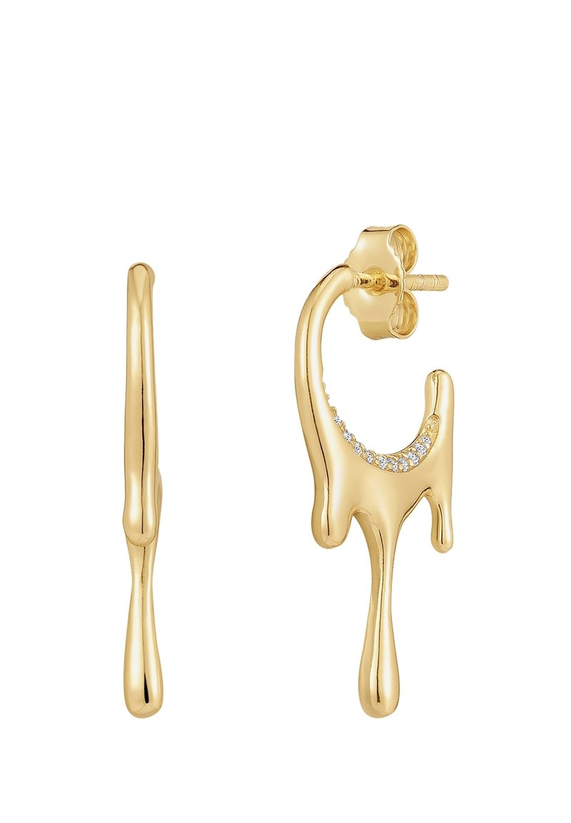 Zelta auskari ar pilienu dizainu un rindu mazu mirdzošu akmeņu. Auskariem ir aizdare ar kātiņu, lai nodrošinātu drošu valkāšanu.