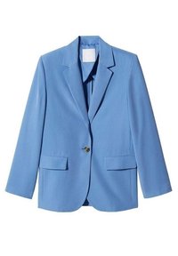 Blazer bleu clair avec col cranté, bouton unique, deux poches avant et texture de tissu lisse. Design classique et cintré.