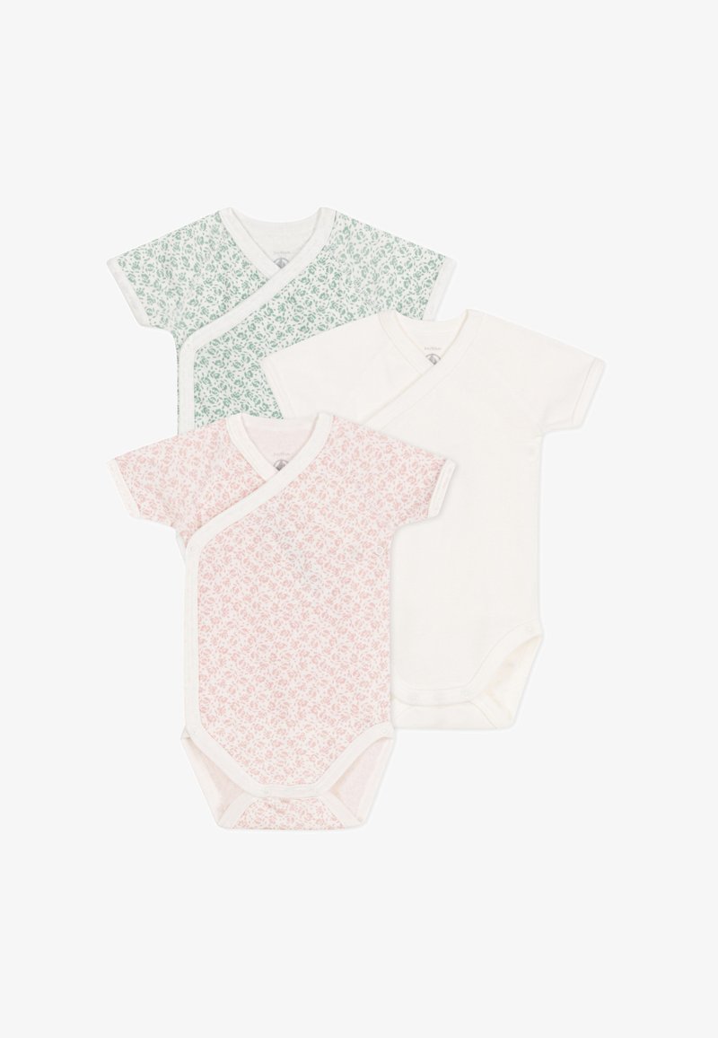 Tre body a manica corta: uno verde con un motivo floreale, uno rosa floreale e uno bianco uniforme, tutti in tessuto morbido con chiusure a scatto.