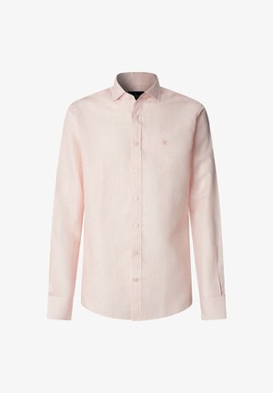 Hellrosa langärmliges Hemd mit Knöpfen, feinen vertikalen Streifen und einem kleinen, gestickten Logo auf der linken Brust.