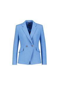 Helles blaues, doppelt geknöpftes Blazer aus strukturiertem Stoff, mit Reverskragen, zwei vorderen Taschen und dekorativen Knopfakzenten.
