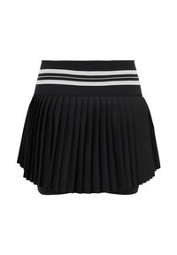Gonna a pieghe nera con vita elastica larga e due strisce bianche. Il tessuto è liscio con un design a strati per il comfort.