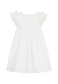 Λευκό φόρεμα με βολάν στα μανίκια, κουμπώματα στο πίσω μέρος και σούρα στη μέση. Υφή υφάσματος με δαντέλα στο τελείωμα.