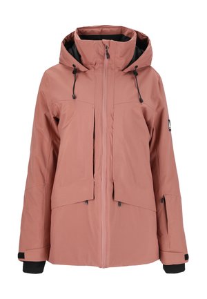 Waterproof pink outdoor jacket with a hood, front zip, two flap pockets, adjustable cuffs, and black interior lining.