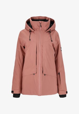 Waterproof pink outdoor jacket with a hood, front zip, two flap pockets, adjustable cuffs, and black interior lining.