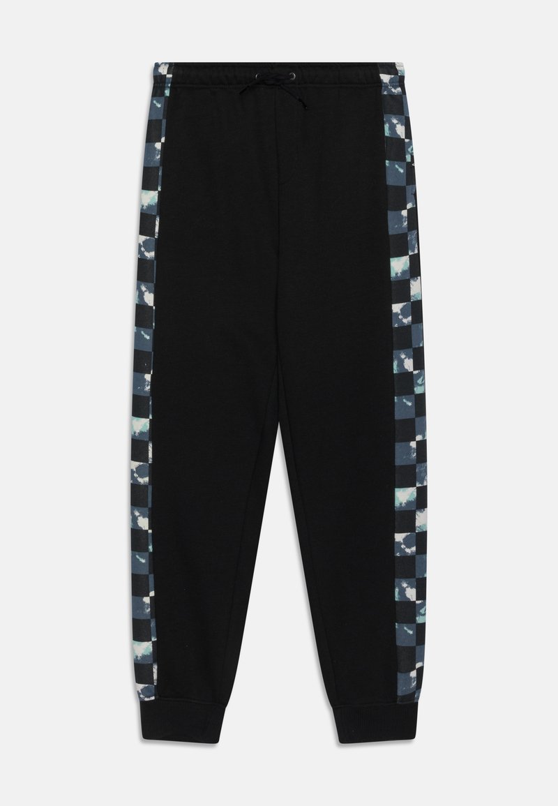Pantalones de chándal negros con una franja lateral estampada en tonos de azul y blanco, con una cintura ajustable con cordón y tobillos elásticos.