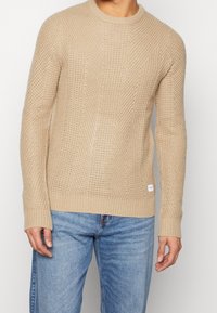 Beige neulepaita, jossa on pyöreä kaula-aukko, ribbireunat hihansuissa ja helmasssa, sekä teksturoitu kuvio. Paita on puettu sinisten farkkujen päälle. Pienet tarrat ala-reunassa.