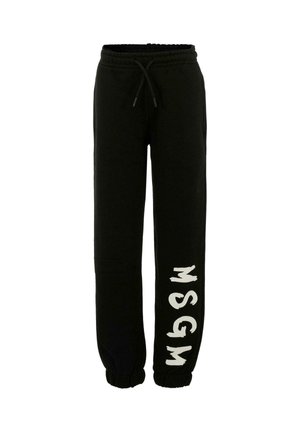 Pantaloni della tuta neri realizzati in tessuto morbido, dotati di una fascia elastica in vita con cordino e un grande logo bianco sulla gamba sinistra.