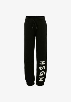 Sorte sweatpants lavet af blødt stof, med en elastisk talje og snøre samt et stort hvidt logo på venstre ben.