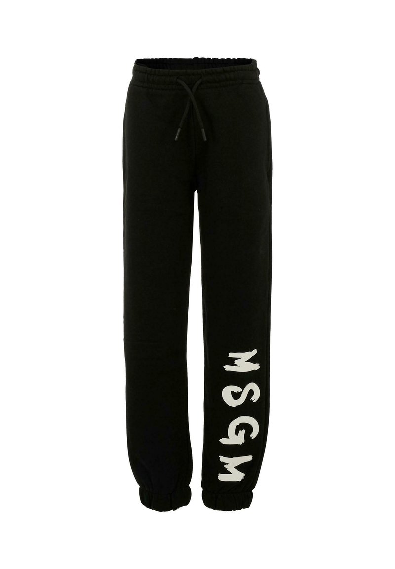 Zwarte jogpants van zachte stof, met een elastische tailleband en koord, en een groot wit logo op het linkerbeen.