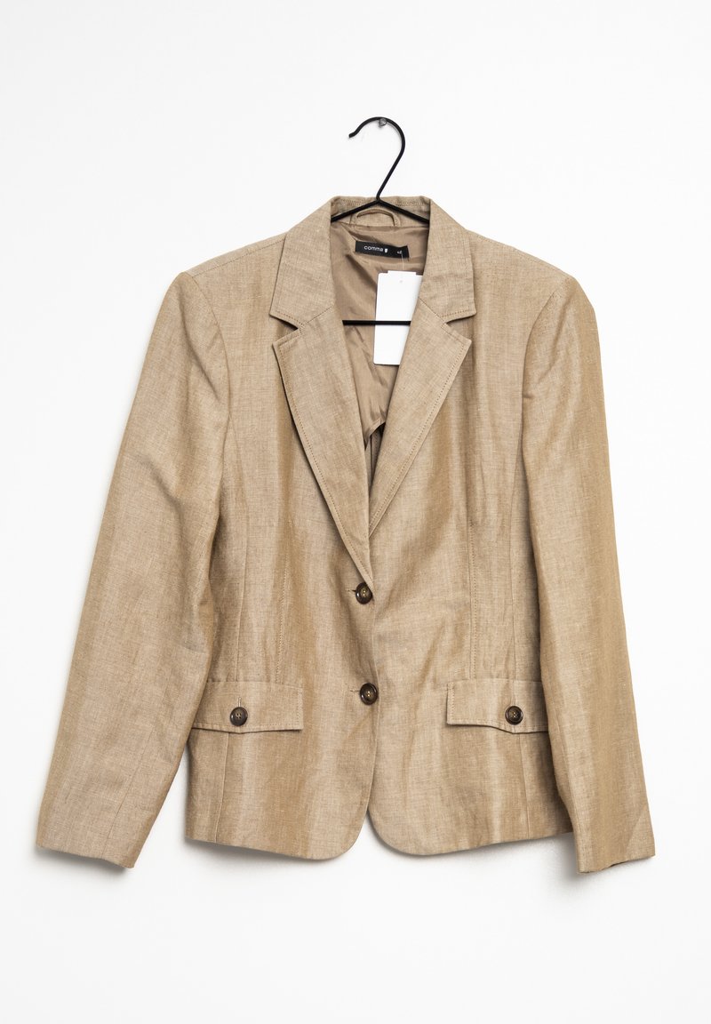 Blazer beige in lino con taglio aderente, due tasche frontali e bottoni marroni. Dotato di rever a incavo e chiusura con un solo bottone.