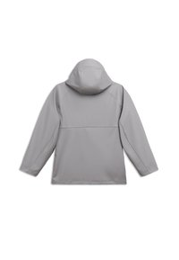 Giacca impermeabile con cappuccio di colore grigio chiaro, con maniche lunghe e dettagli delle cuciture visibili sul retro e sulle maniche, esposta piatta di lato retro.