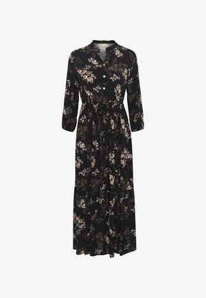 Langes schwarzes Blumenkleid mit Kragen, Knopfverschluss und drei Viertelärmeln. Verfügt über einen Taillengürtel und einen schwingenden Rock. Weicher Stoff.