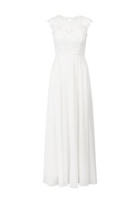 Weißes Kleid mit Spitzenoberteil und kurzen Ärmeln, fließendem Rock und tailliertem Schnitt. Mit floralen Spitzenakzenten und einem bodenlangen Design.