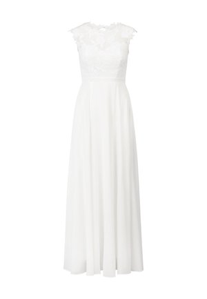 Witte jurk met kant bodice en korte mouwen, vloeiende rok en een tailleriem. Bevat bloemenkant details en een volledige lengte uitvoering.