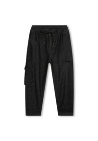 Zwarte denim broek met een trekkoord in de taille, twee zijzakken en een cargozak. Voorzien van een subtiele "BOSS"-logo aan de voorkant.