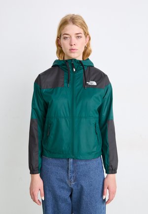 Green and black zip-up jacket with a hood, featuring a smooth texture, elastic cuffs, and dual side pockets. Logo on chest.