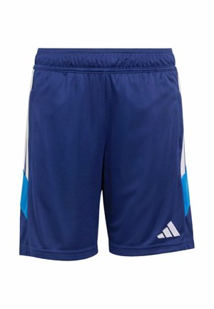 Pantalones cortos deportivos azul marino con cintura elástica, rayas blancas y azul claro en los lados, y logo blanco de Adidas en la parte inferior de la pierna derecha.