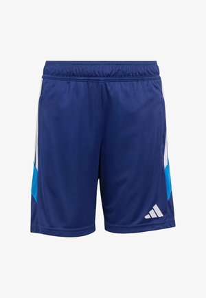 Pantalones cortos deportivos azul marino con cintura elástica, rayas blancas y azul claro en los lados, y logo blanco de Adidas en la parte inferior de la pierna derecha.
