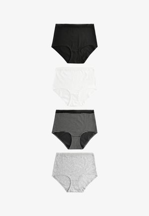 Four pairs of high-waisted underwear: black (solid), white (solid), grey (solid), and black/white striped, all with a smooth cotton texture.