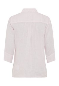Light pink, long-sleeve blouse made of linen with a collar, back pleat detail, and cuffed sleeves. Smooth texture, relaxed fit.