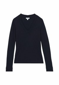 Maglietta nera a maniche lunghe con profondo scollo a V, a taglio slim e design semplice, stesa su uno sfondo bianco.