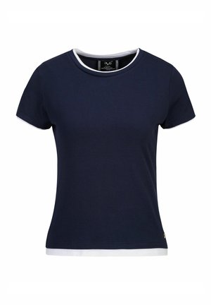 Marineblauwe T-shirt met korte mouwen, voorzien van een witte ronde hals en zoom. Gemaakt van zachte stof, met een aansluitende pasvorm en zonder zichtbare patronen of graphics.