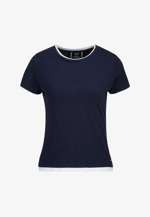 Marineblaue kurzärmelige T-Shirt mit einem weißen Rundhalsausschnitt und Saum. Aus weichem Stoff gefertigt, mit einer figurbetonten Passform und ohne sichtbare Muster oder Grafiken.