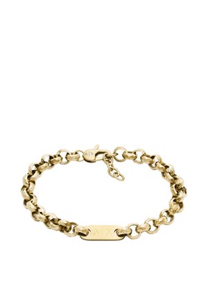 Guld kædearmbånd med en tekstureret finish. Har en rektangulær plade markeret "A|X" og en sikker lukning med en justerbar kædeforlænger.