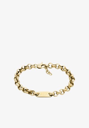 Gouden schakelarmband met een gestructureerde afwerking. Voorzien van een rechthoekig plaatje met de markering "A|X" en een veilige sluiting met een verstelbare ketting verlenging.