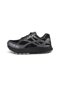 Black running shoe with mesh panels, textured accents, and a sturdy sole. Features gray detailing and patterned lacing for secure fit.