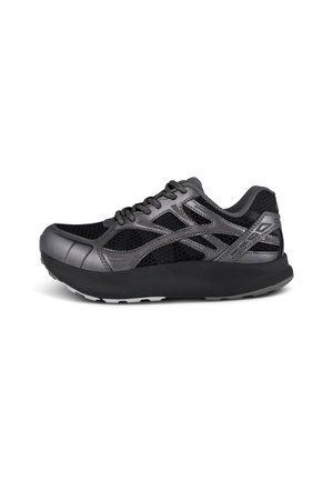 Black running shoe with mesh panels, textured accents, and a sturdy sole. Features gray detailing and patterned lacing for secure fit.
