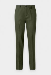 Olivegrüne, schlanke Hose aus glattem Stoff, mit vorderem Knopf- und Reißverschluss, seitlichen Taschen und Bügelfalten.