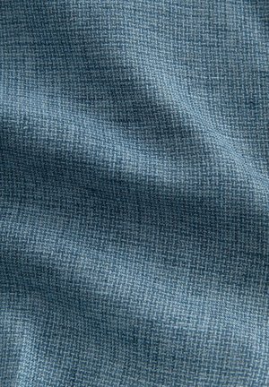 Textured fabric in shades of blue, featuring a woven pattern with small squares, soft surface, and a slight sheen.