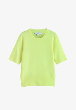 Lühikeste varrukatega neoonkollane kudumist sviiter soonikkoes varrukaservade ja äärega, ümarsuu kaelusega ja kaeluse siseküljel kaubamärgi sildiga.