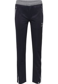 Marineblaue Sporthosen mit einem grauen elastischen Bund, zwei seitlichen Reißverschlusstaschen und kontrastierenden weißen Streifen an den Seiten. Weicher, dehnbarer Stoff.