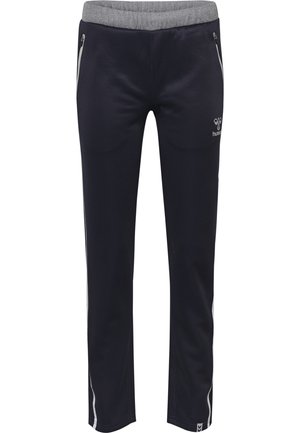 Marineblauwe sportbroek met een grijze elastische tailleband, twee zijzakken met rits en contrasterende witte strepen aan de zijkanten. Zacht, rekbaar materiaal.