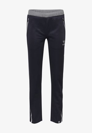 Marineblauwe sportbroek met een grijze elastische tailleband, twee zijzakken met rits en contrasterende witte strepen aan de zijkanten. Zacht, rekbaar materiaal.