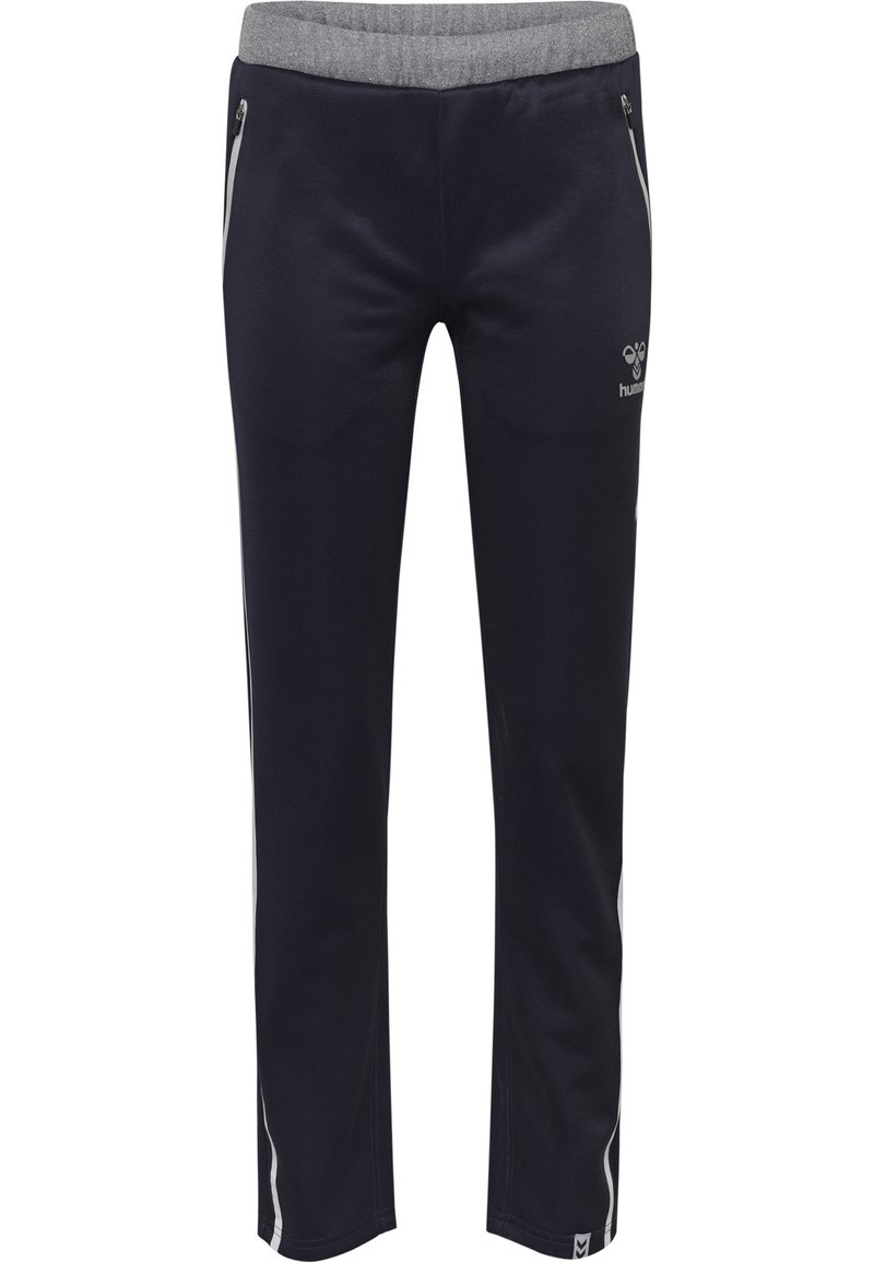 Marineblaue Sporthosen mit einem grauen elastischen Bund, zwei seitlichen Reißverschlusstaschen und kontrastierenden weißen Streifen an den Seiten. Weicher, dehnbarer Stoff.