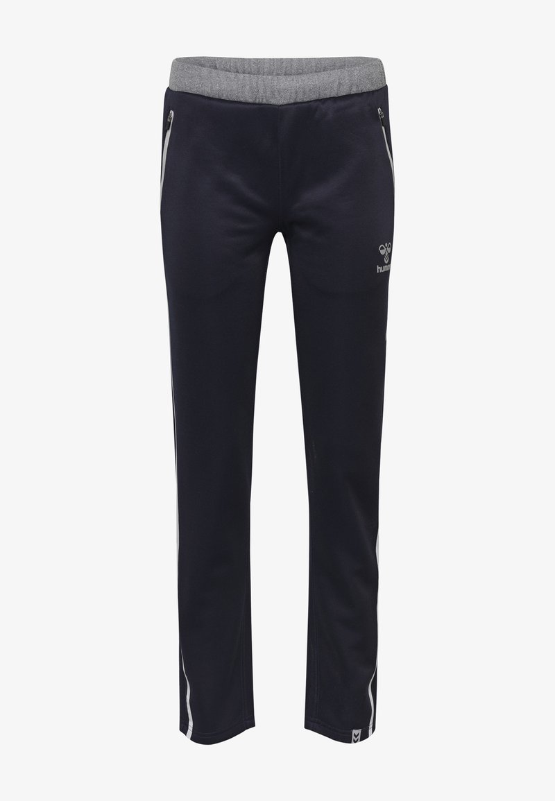 Marineblaue Sporthosen mit einem grauen elastischen Bund, zwei seitlichen Reißverschlusstaschen und kontrastierenden weißen Streifen an den Seiten. Weicher, dehnbarer Stoff.