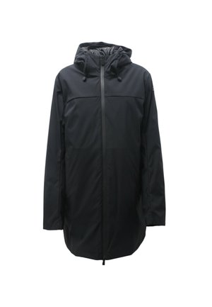 Giacca impermeabile nera con cappuccio, chiusura con cerniera completa, regolazione con cordoncini e tessuto liscio dal design semplice e pulito.