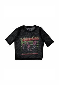 Black mesh cropped t-shirt featuring a vintage Motley Crue graphic with red, green, and white colors, short sleeves, and a rounded neckline.