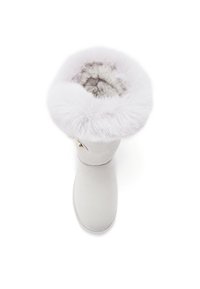 Botte gris clair avec un bout arrondi et un col en fausse fourrure pastel violet moelleux. Comprend un bouton sur le côté et une texture extérieure lisse.
