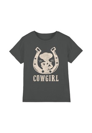 Dark gray T-shirt with a beige horseshoe surrounding a stylized cowgirl figure and the word "COWGIRL" below in vintage font.