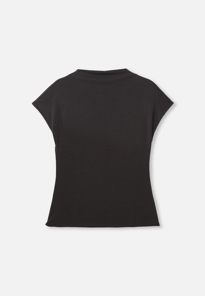 Black short-sleeve top with a high neckline and relaxed fit. Made from soft fabric with a smooth texture. No visible patterns or graphics.