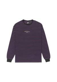 Longsleeve shirt, paars met zwarte horizontale strepen, geribbelde kraag en manchetten, met het Quiksilver-logo in goud over de borst.