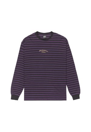 Long-sleeve shirt, purple with black horizontal stripes, ribbed collar and cuffs, features Quiksilver logo in gold across the chest.