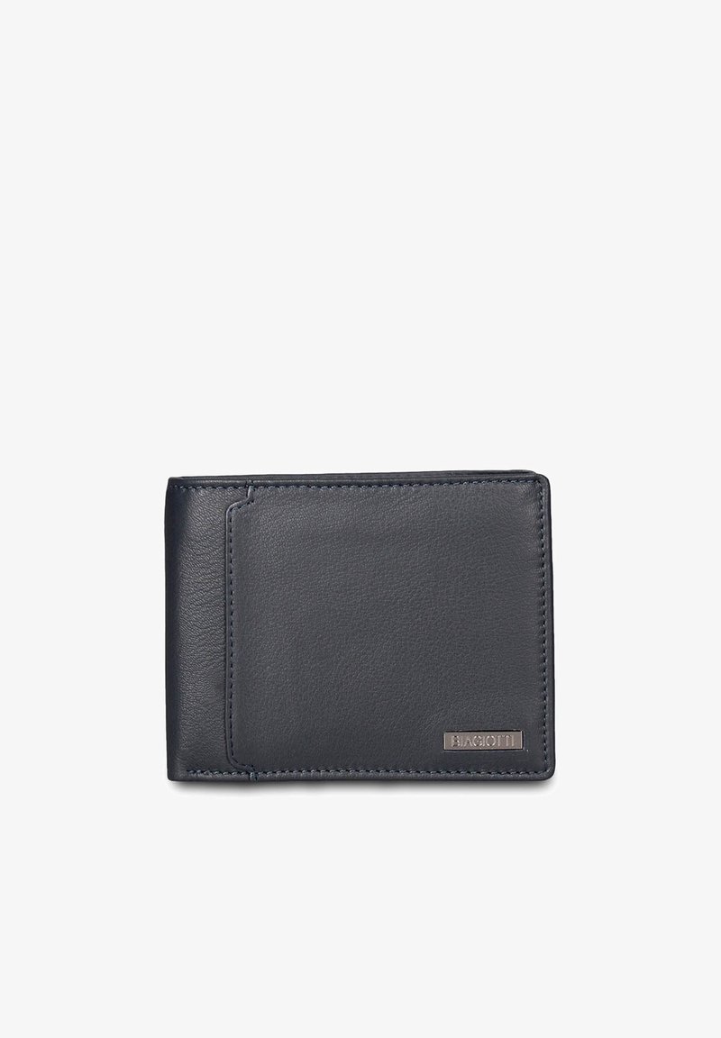 Portafoglio in pelle blu navy con texture liscia, forma rettangolare e bordi cuciti. Presenta una fessura esterna per carte e un dettaglio in metallo con logo.