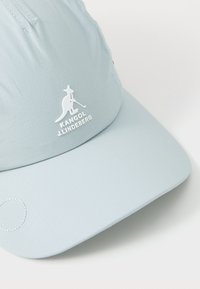 Light blue cap made of smooth fabric. Features a structured front, flat brim, and a white logo with a kangaroo and text.