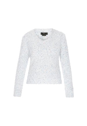 Jasnoniebieski sweter dzianinowy o miękkiej, teksturowanej powierzchni, z długimi rękawami i dekoltem w kształcie litery V. Posiada wielokolorowe drobinki na całej powierzchni.